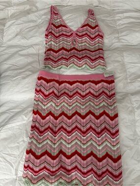 Torn by Ronny Kobo Pink Multicolor Chevron Knit Tank & Midi Skirt Set
